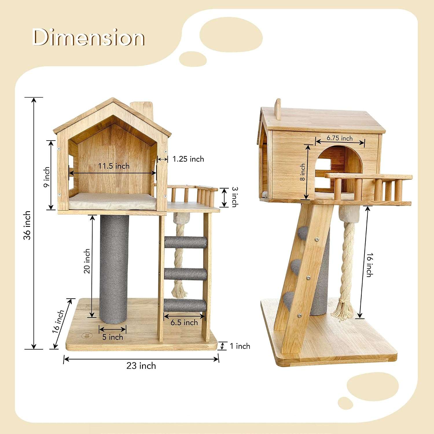 Casa de madera para gatos con rascador de sisal y acabado impermeable. Mueble de madera de goma tailandesa resistente y facil de limpiar.