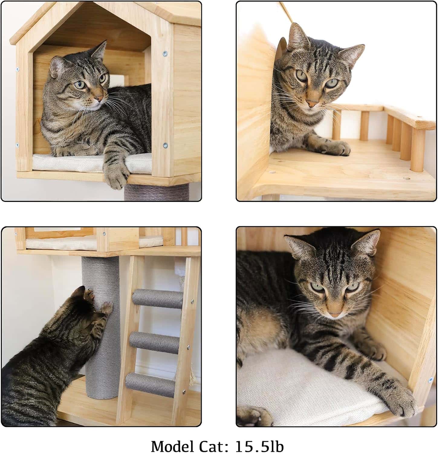 Casa de madera para gatos con rascador de sisal y acabado impermeable. Mueble de madera de goma tailandesa resistente y facil de limpiar.