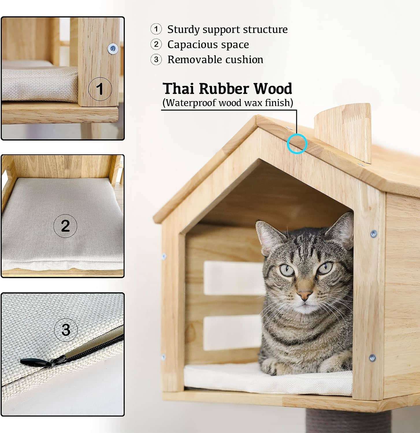 Casa de madera para gatos con rascador de sisal y acabado impermeable. Mueble de madera de goma tailandesa resistente y facil de limpiar.
