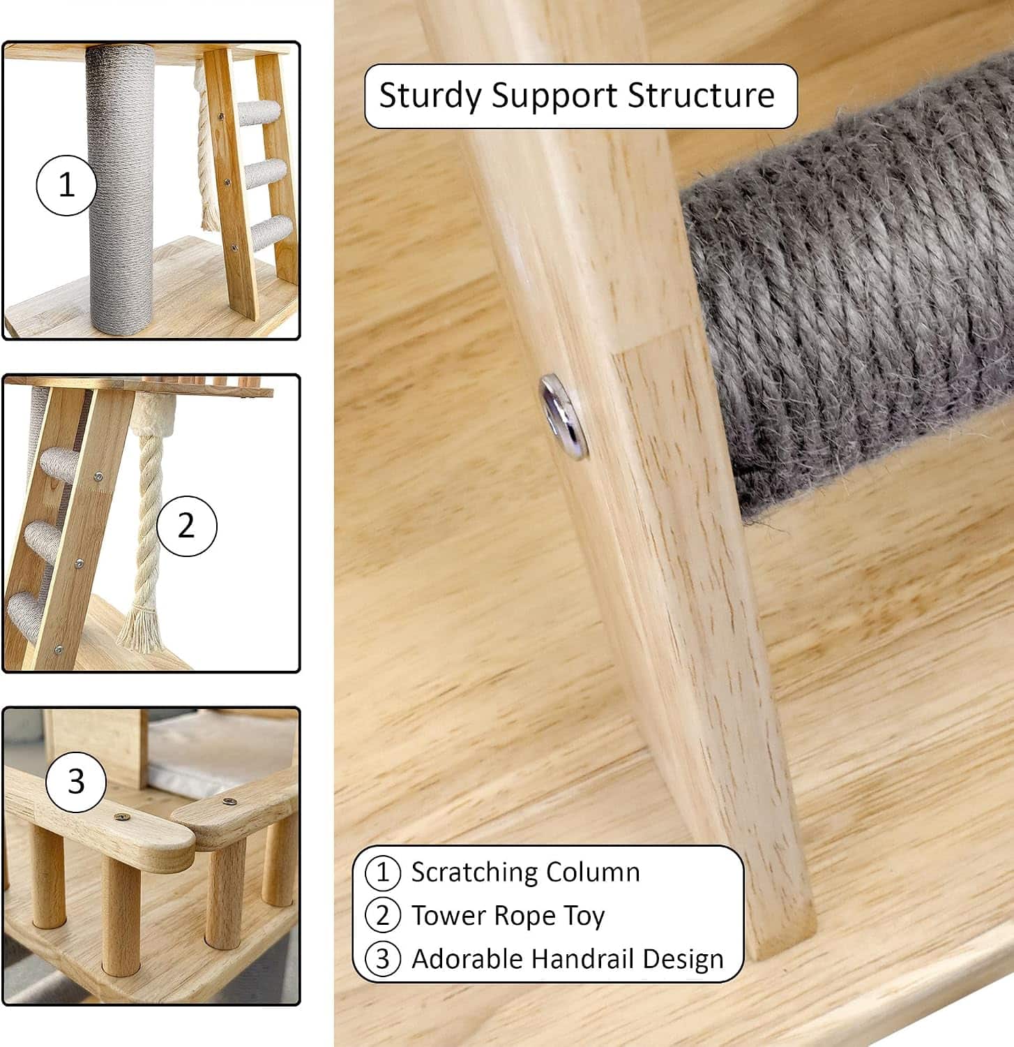 Casa de madera para gatos con rascador de sisal y acabado impermeable. Mueble de madera de goma tailandesa resistente y facil de limpiar.