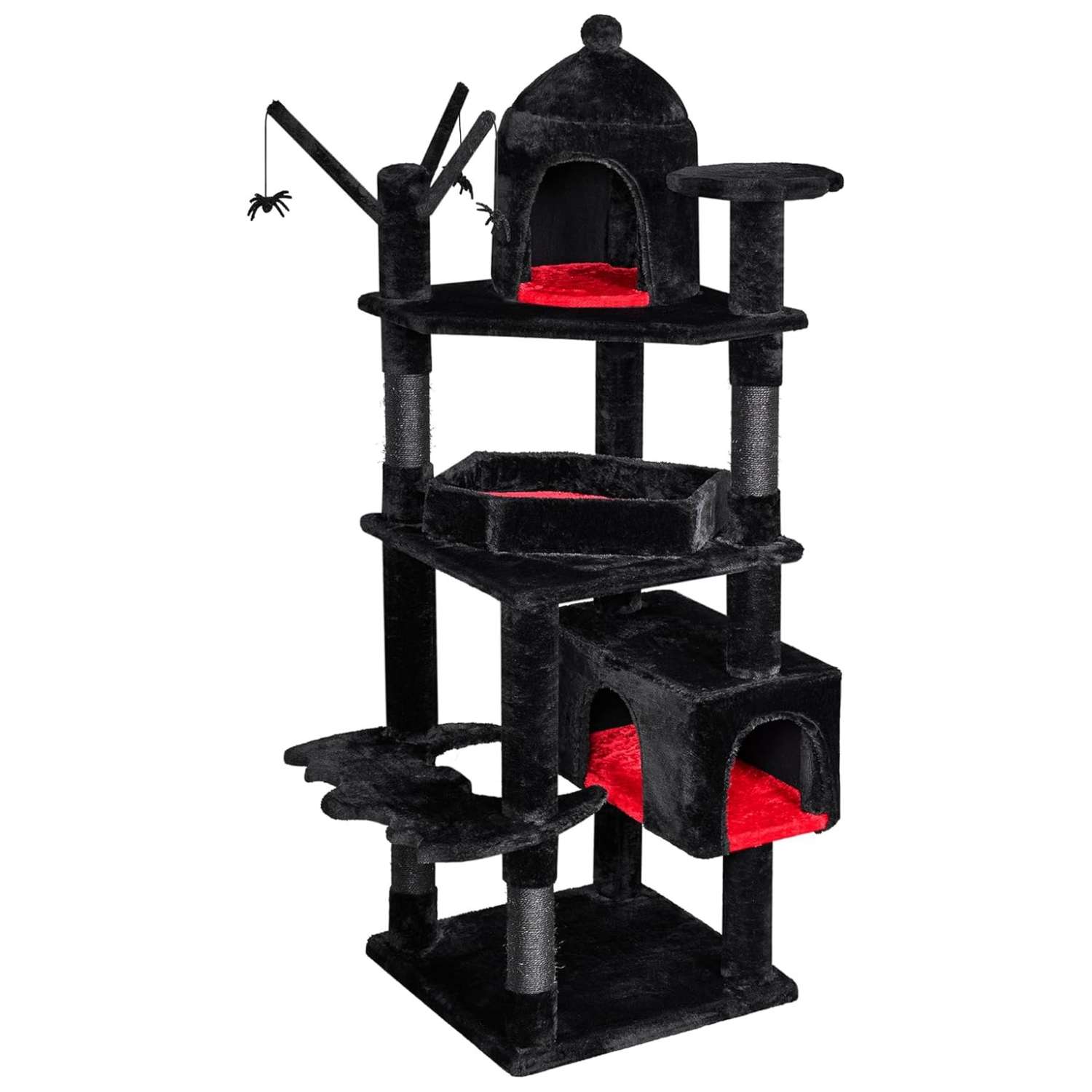 Torre rascador gótico (160 cm) con cama ataúd, estructura triangular y base 49x49 cm. Capacidad para 6 gatos y estabilidad reforzada.