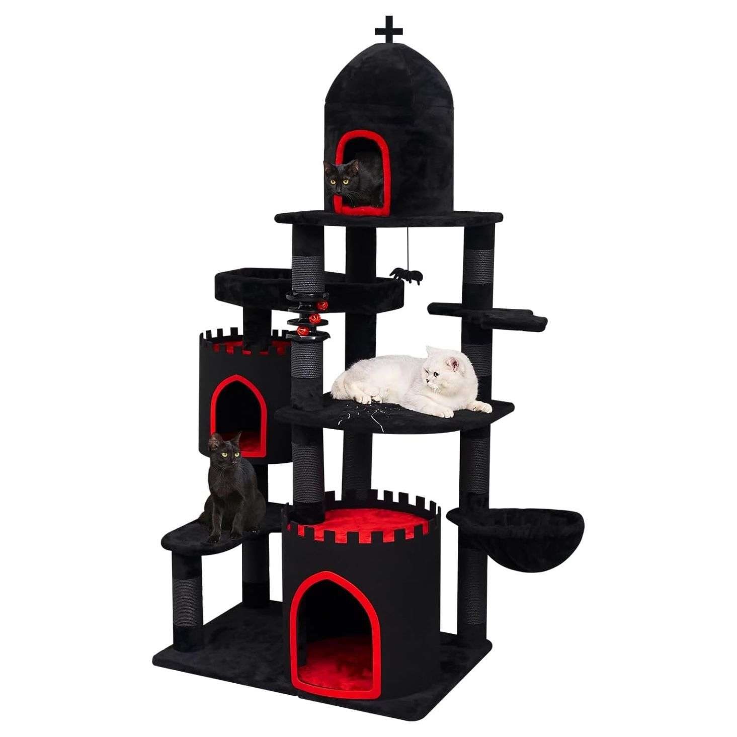 Torre rascador gótico de 175 cm con tres condominios, cama ataúd y sisal. Base 80 por 56 cm y estabilidad reforzada para gatos grandes.