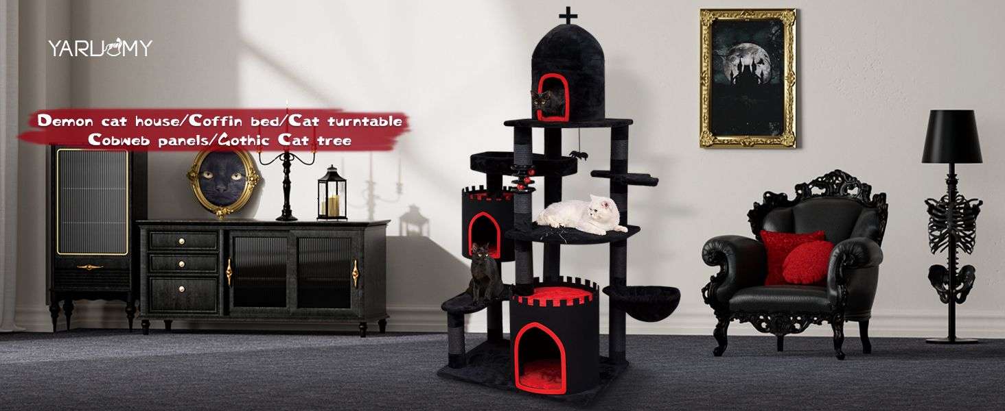 Torre rascador gótico de 175 cm con tres condominios, cama ataúd y sisal. Base 80 por 56 cm y estabilidad reforzada para gatos grandes.