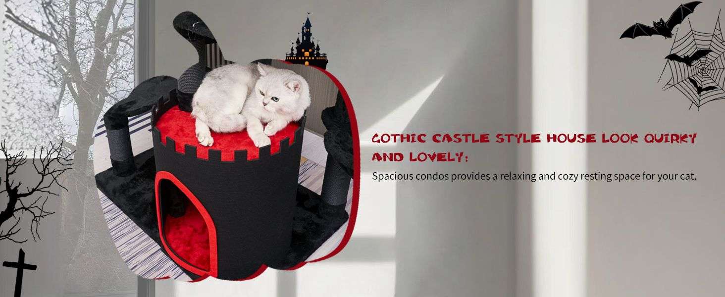 Torre rascador gótico de 175 cm con tres condominios, cama ataúd y sisal. Base 80 por 56 cm y estabilidad reforzada para gatos grandes.