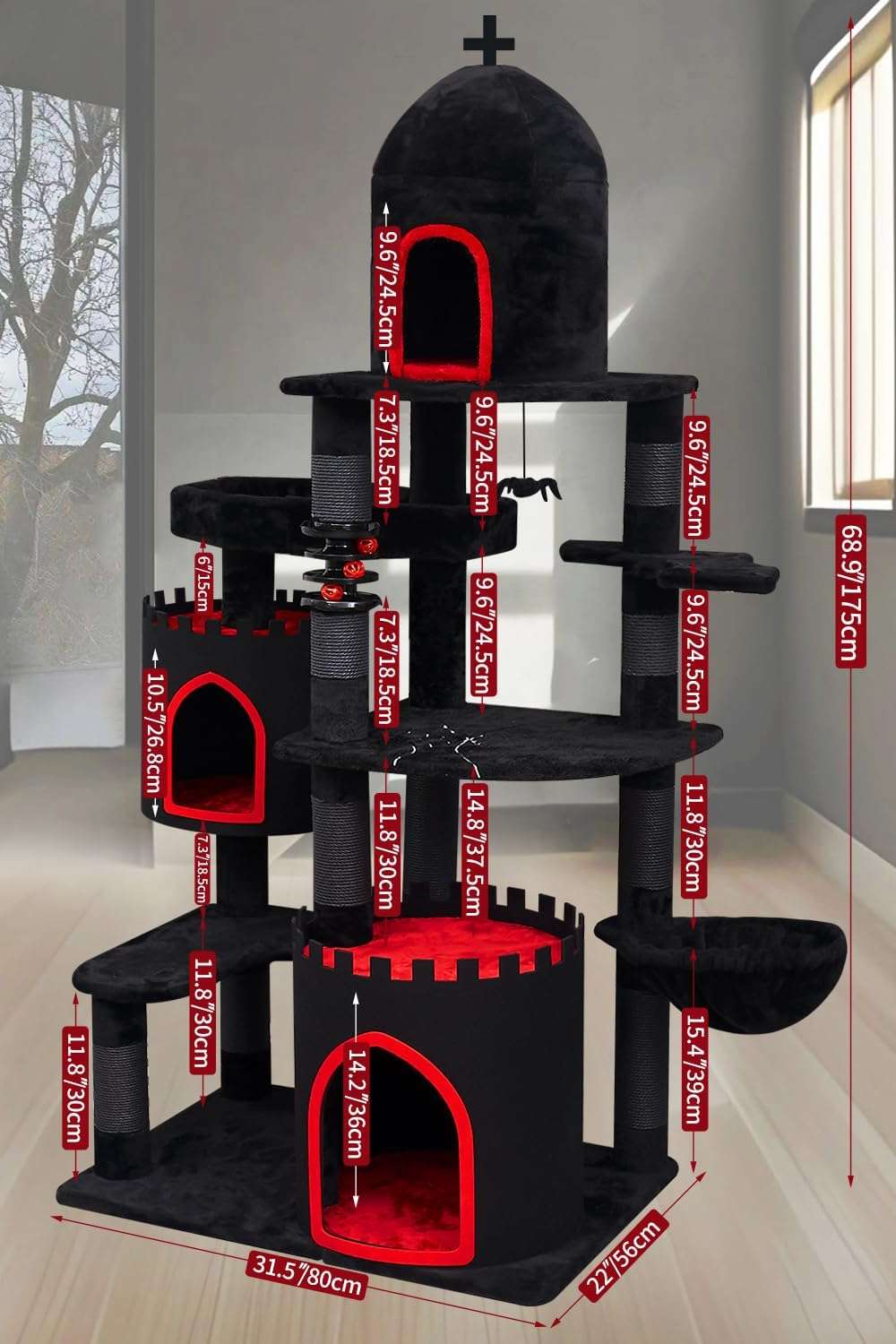 Torre rascador gótico de 175 cm con tres condominios, cama ataúd y sisal. Base 80 por 56 cm y estabilidad reforzada para gatos grandes.
