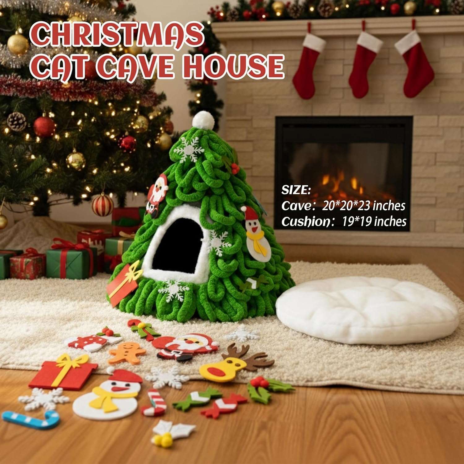 Cueva para gatos (38x43x38 cm) diseño Árbol de Navidad. Preensamblada, incluye cojín lavable y adornos de fieltro.