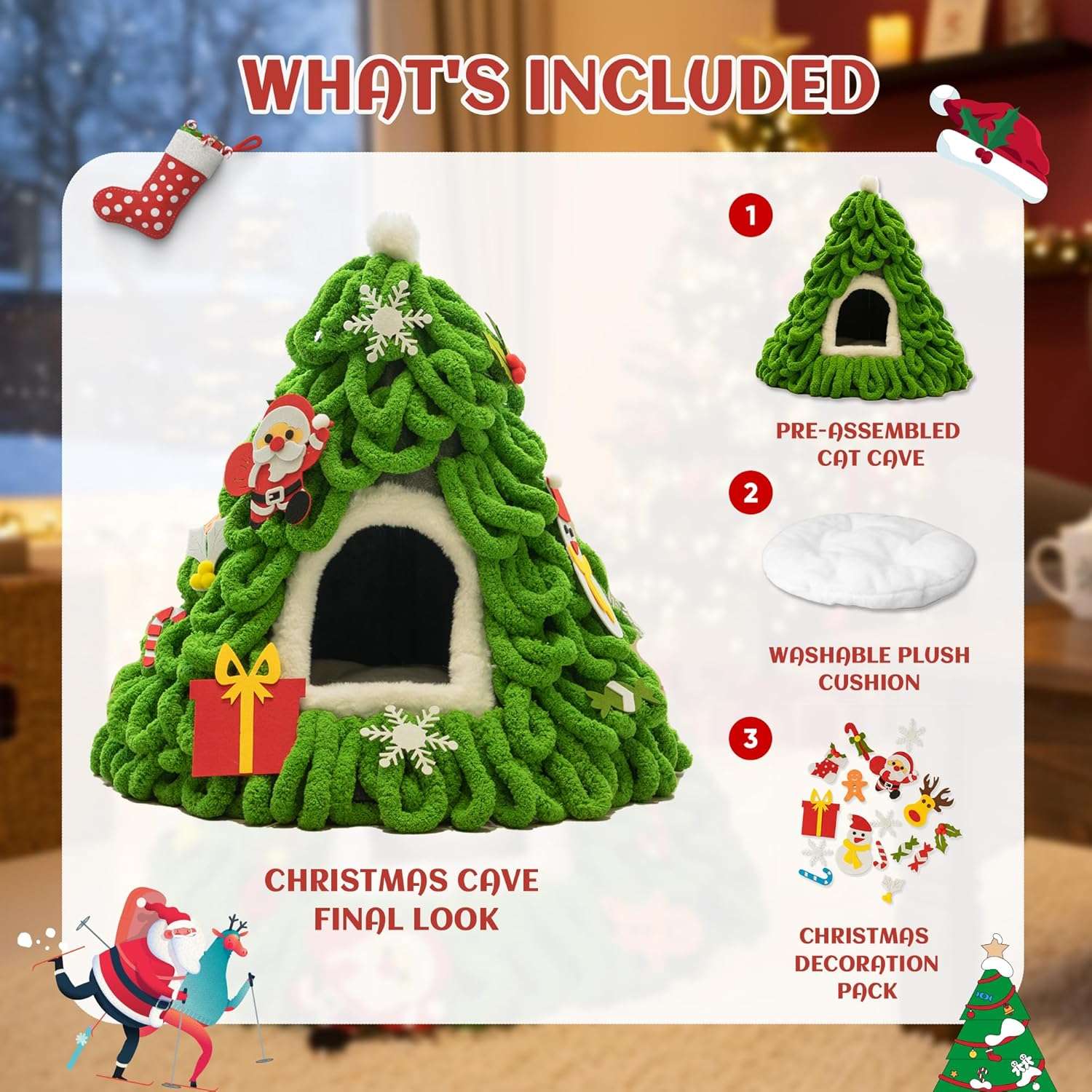 Cueva para gatos (38x43x38 cm) diseño Árbol de Navidad. Preensamblada, incluye cojín lavable y adornos de fieltro.