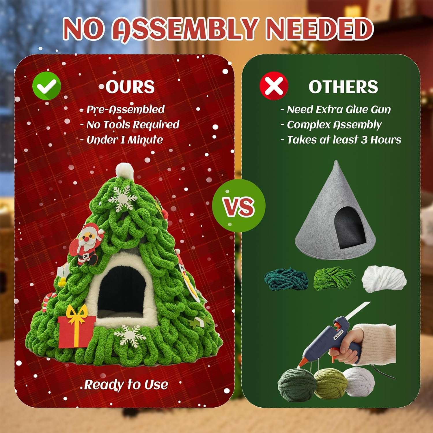 Cueva para gatos (38x43x38 cm) diseño Árbol de Navidad. Preensamblada, incluye cojín lavable y adornos de fieltro.