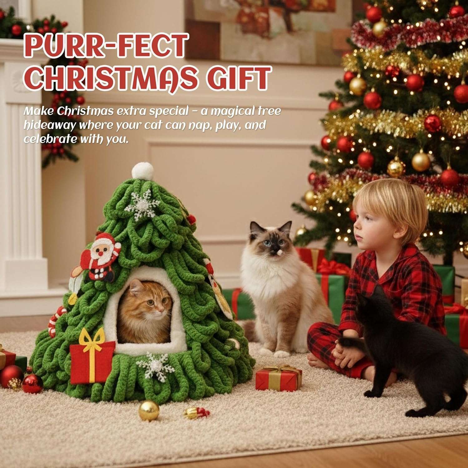 Cueva para gatos (38x43x38 cm) diseño Árbol de Navidad. Preensamblada, incluye cojín lavable y adornos de fieltro.