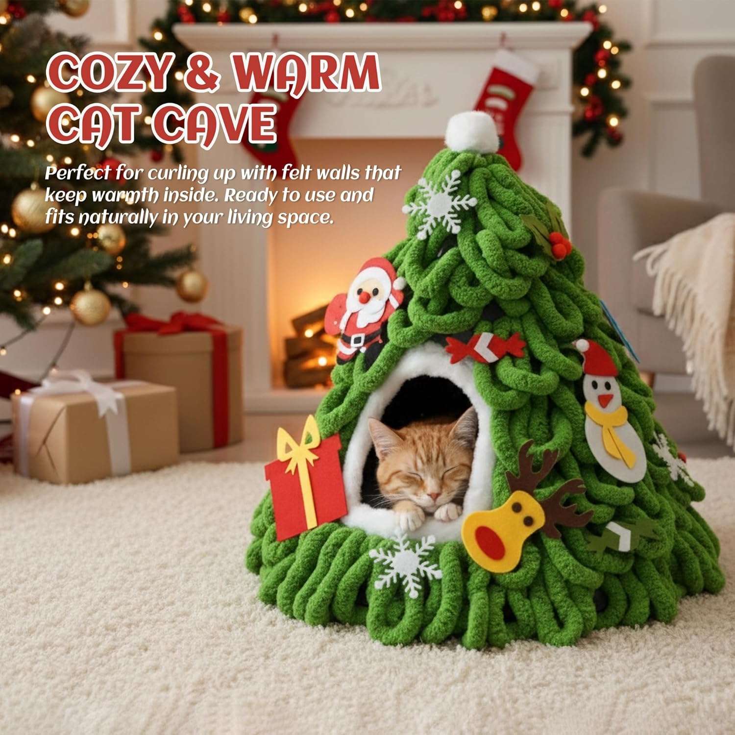 Cueva para gatos (38x43x38 cm) diseño Árbol de Navidad. Preensamblada, incluye cojín lavable y adornos de fieltro.