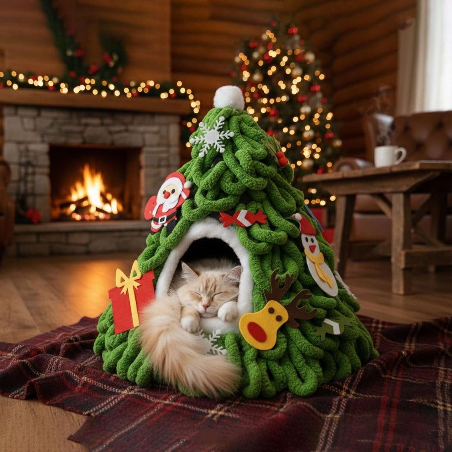 Cueva para gatos (38x43x38 cm) diseño Árbol de Navidad. Preensamblada, incluye cojín lavable y adornos de fieltro.