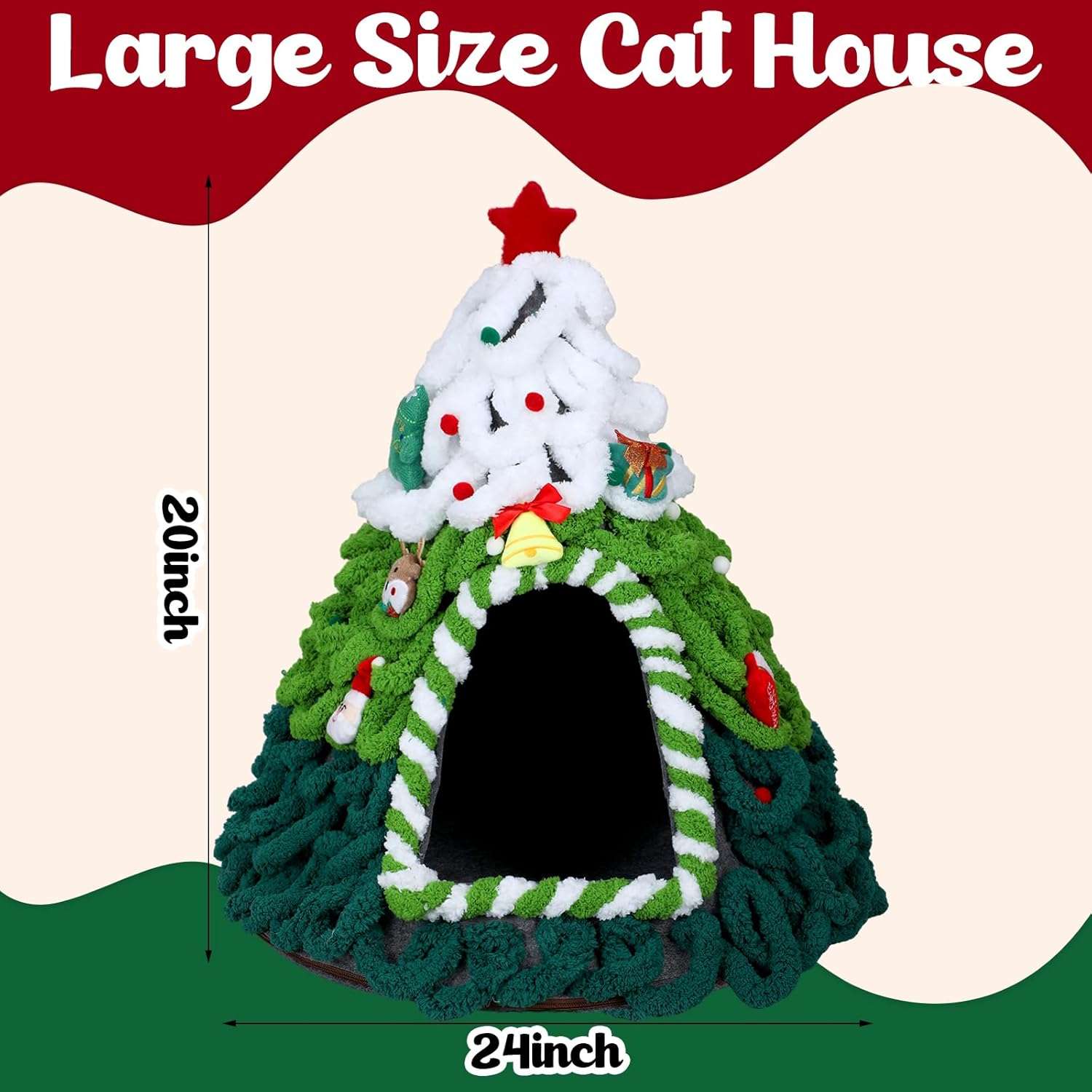 Cama/tienda para gatos (51x51x61 cm) con diseño de Árbol de Navidad. Totalmente montada y base antideslizante.