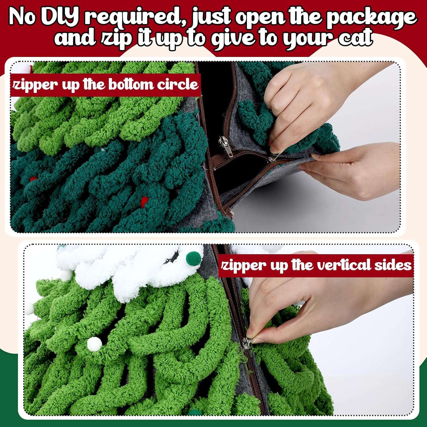 Cama/tienda para gatos (51x51x61 cm) con diseño de Árbol de Navidad. Totalmente montada y base antideslizante.