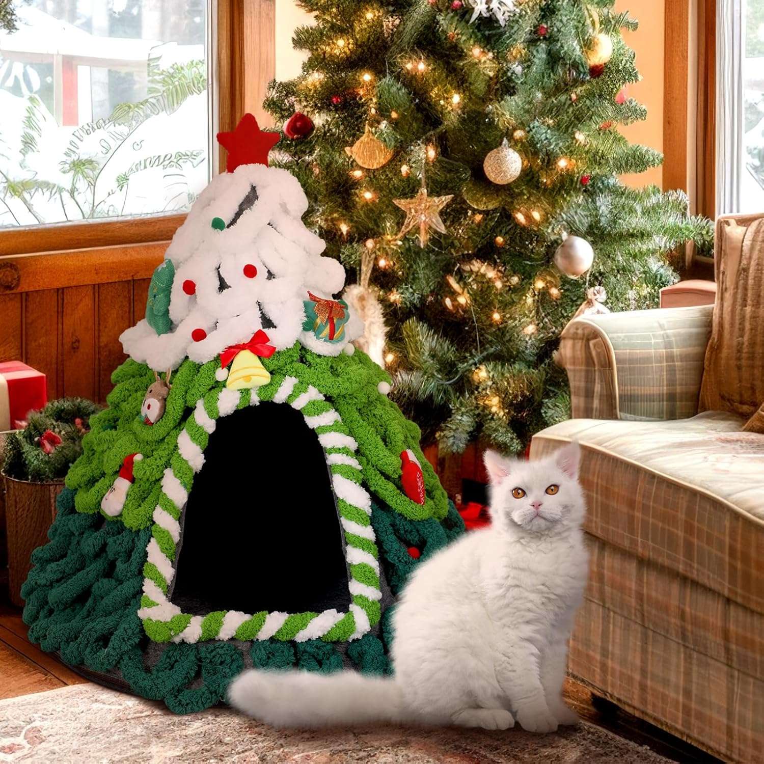 Cama/tienda para gatos (51x51x61 cm) con diseño de Árbol de Navidad. Totalmente montada y base antideslizante.