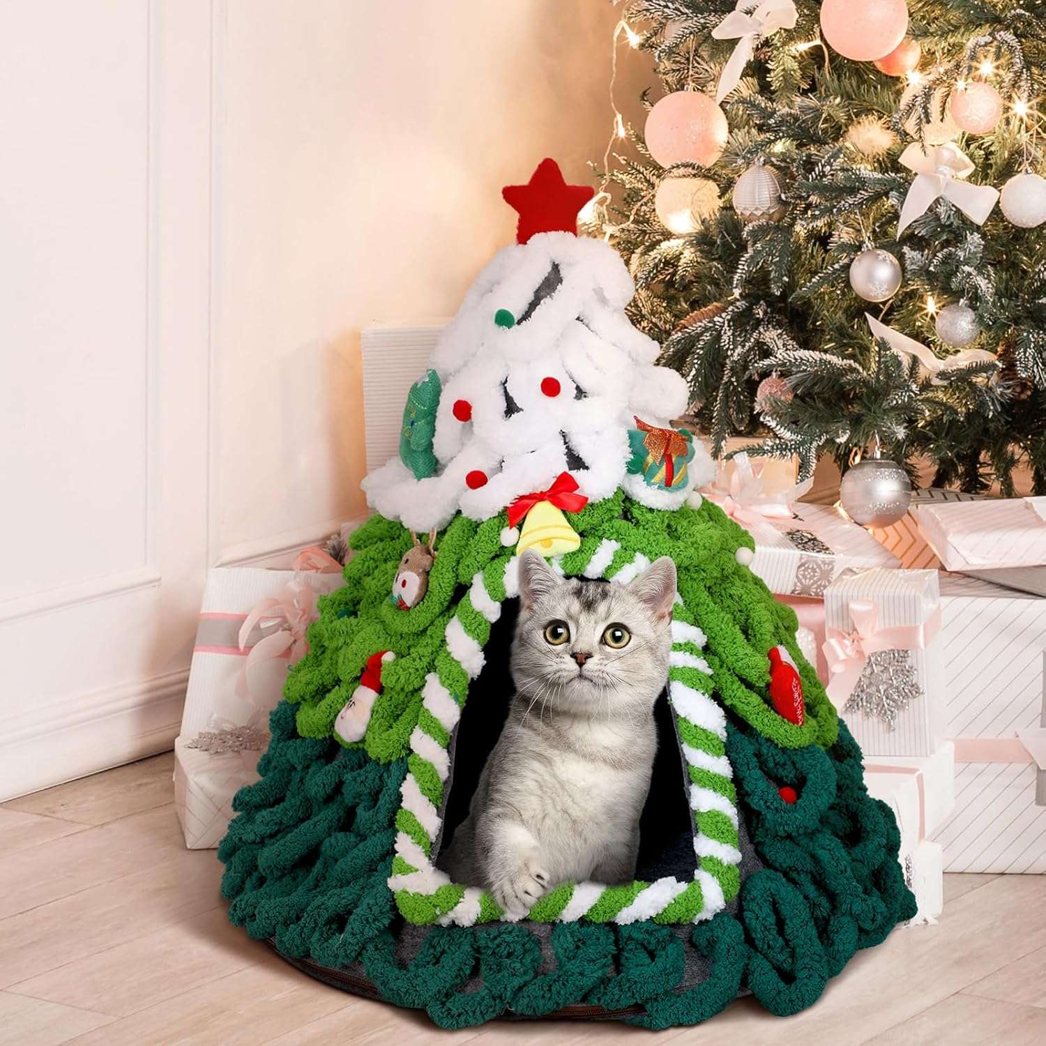 Cama/tienda para gatos (51x51x61 cm) con diseño de Árbol de Navidad. Totalmente montada y base antideslizante.