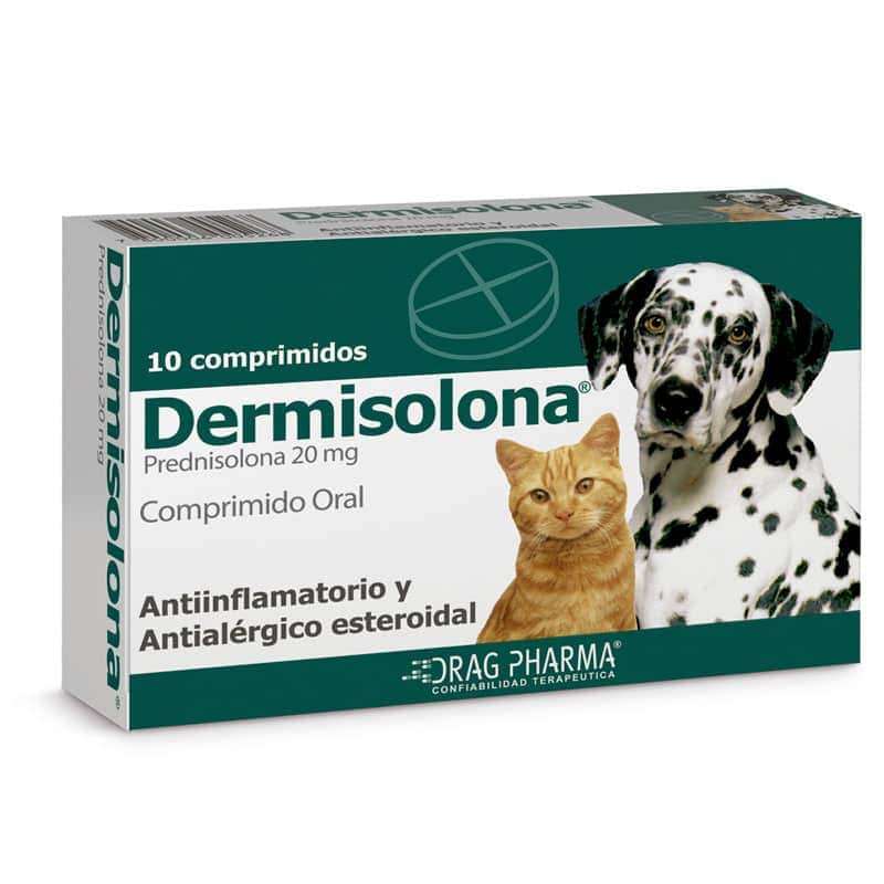 Dermisolona Drag Pharma. Comprimidos y suspensión oral con Prednisolona. Antiinflamatorio esteroidal para trastornos alérgicos en perros y gatos.