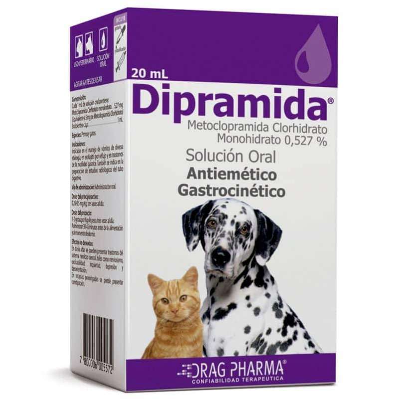Dipramida. Medicamento antiemético y gastrocinético. Solución oral con Clorhidrato de Metoclopramida para vómitos en perros y gatos.
