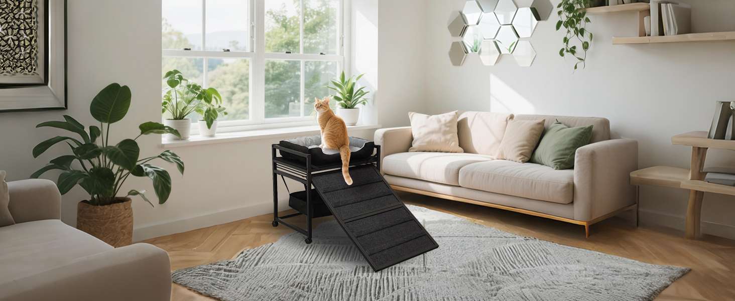 Escalera de ascenso para mascotas 3 en 1 (nido, almacenamiento). Estructura ortopédica antideslizante y móvil con ruedas.