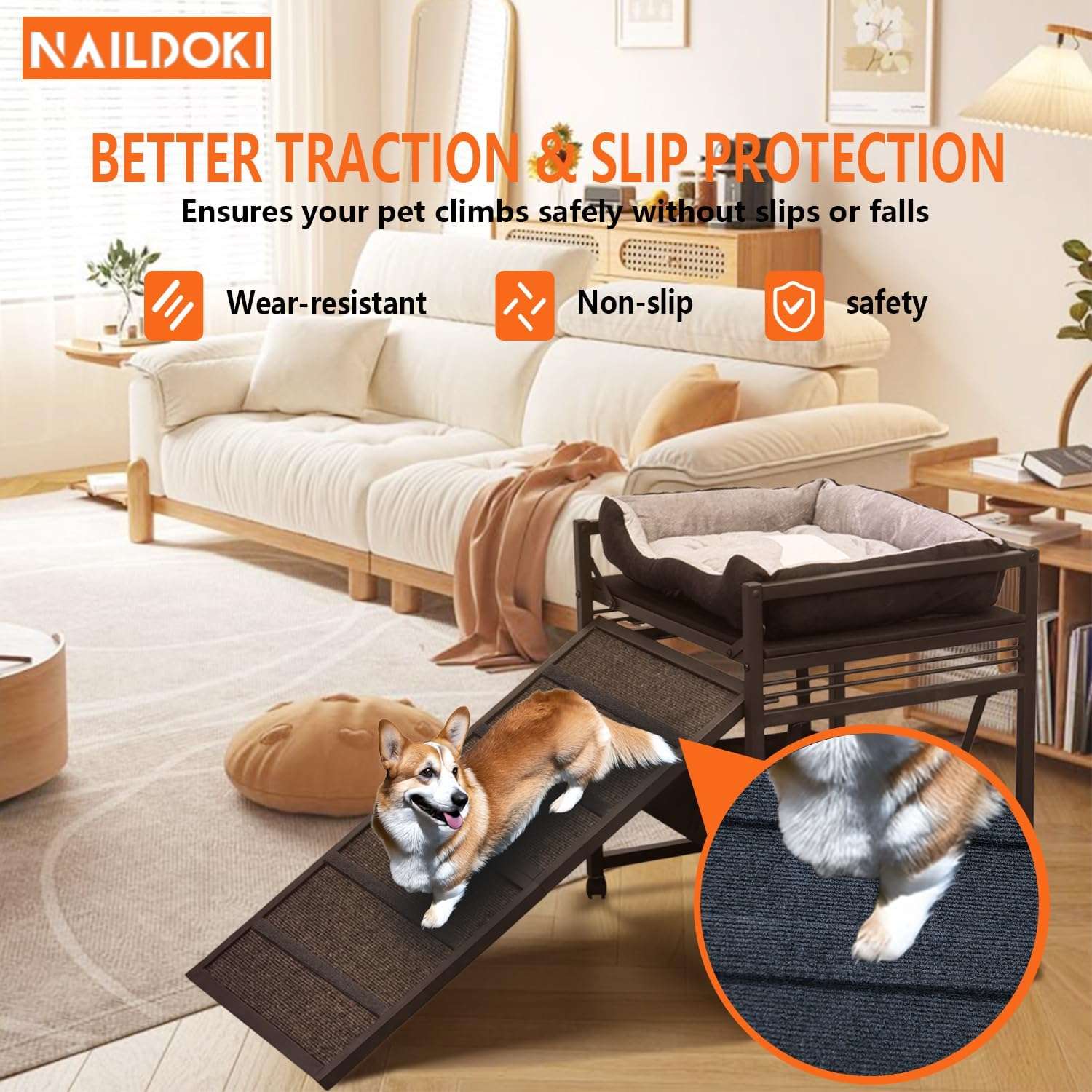 Escalera de ascenso para mascotas 3 en 1 (nido, almacenamiento). Estructura ortopédica antideslizante y móvil con ruedas.