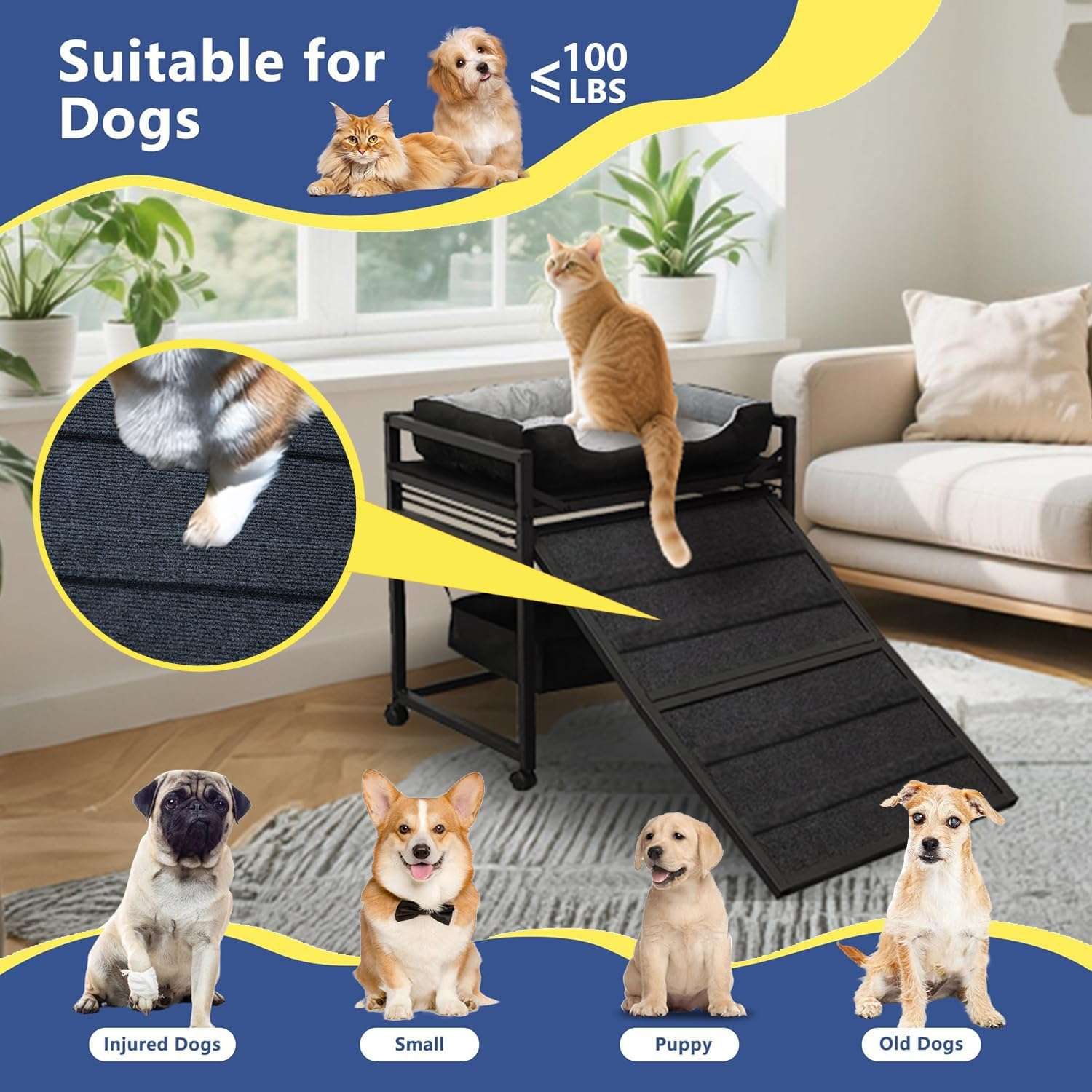 Escalera de ascenso para mascotas 3 en 1 (nido, almacenamiento). Estructura ortopédica antideslizante y móvil con ruedas.