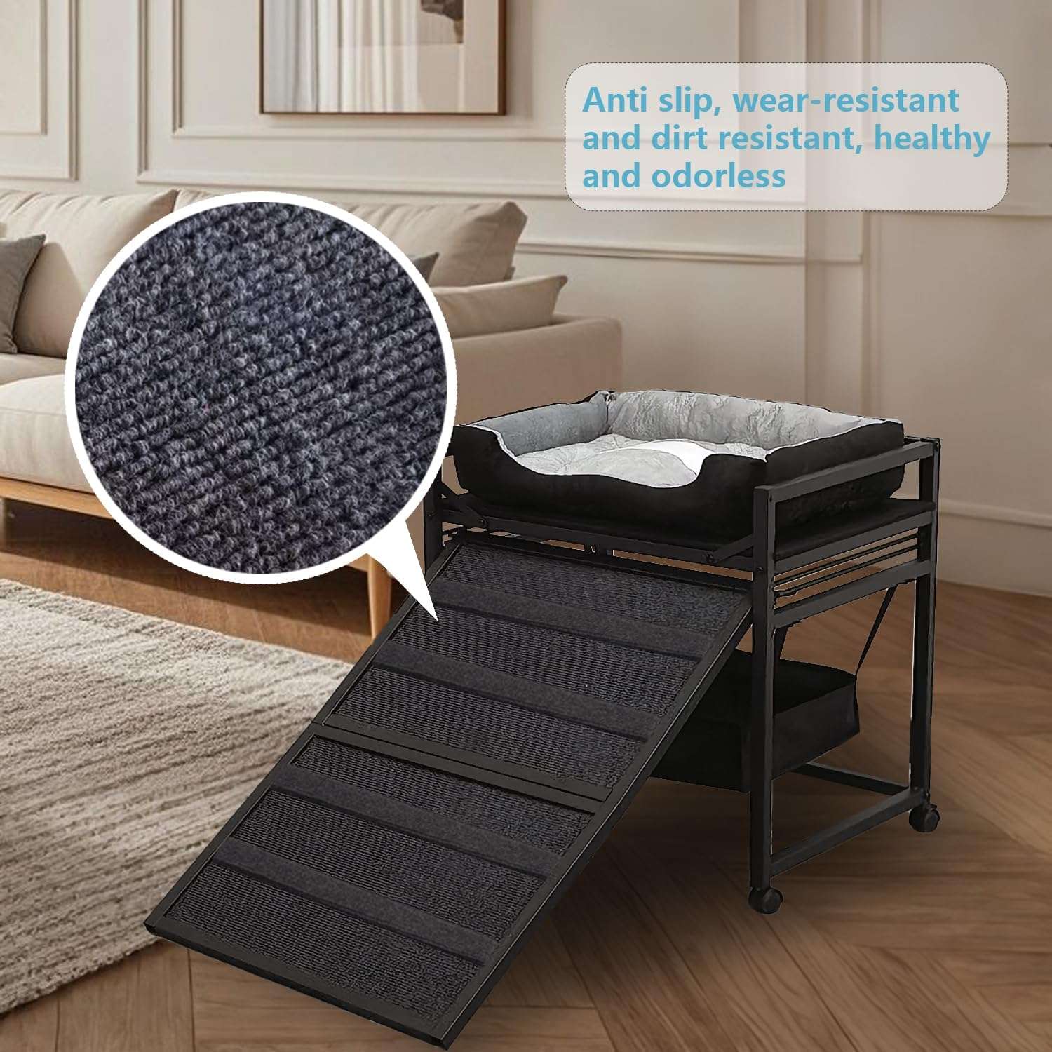 Escalera de ascenso para mascotas 3 en 1 (nido, almacenamiento). Estructura ortopédica antideslizante y móvil con ruedas.