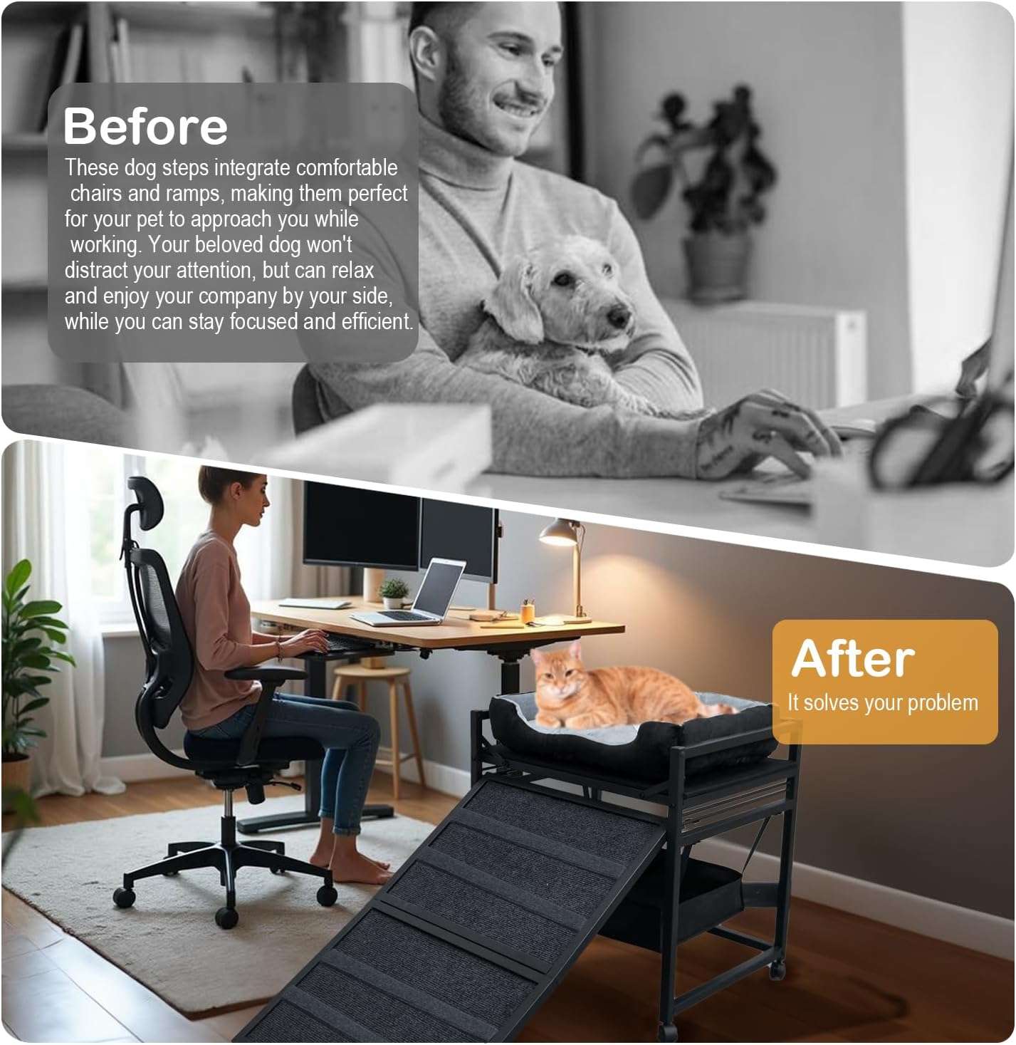 Escalera de ascenso para mascotas 3 en 1 (nido, almacenamiento). Estructura ortopédica antideslizante y móvil con ruedas.