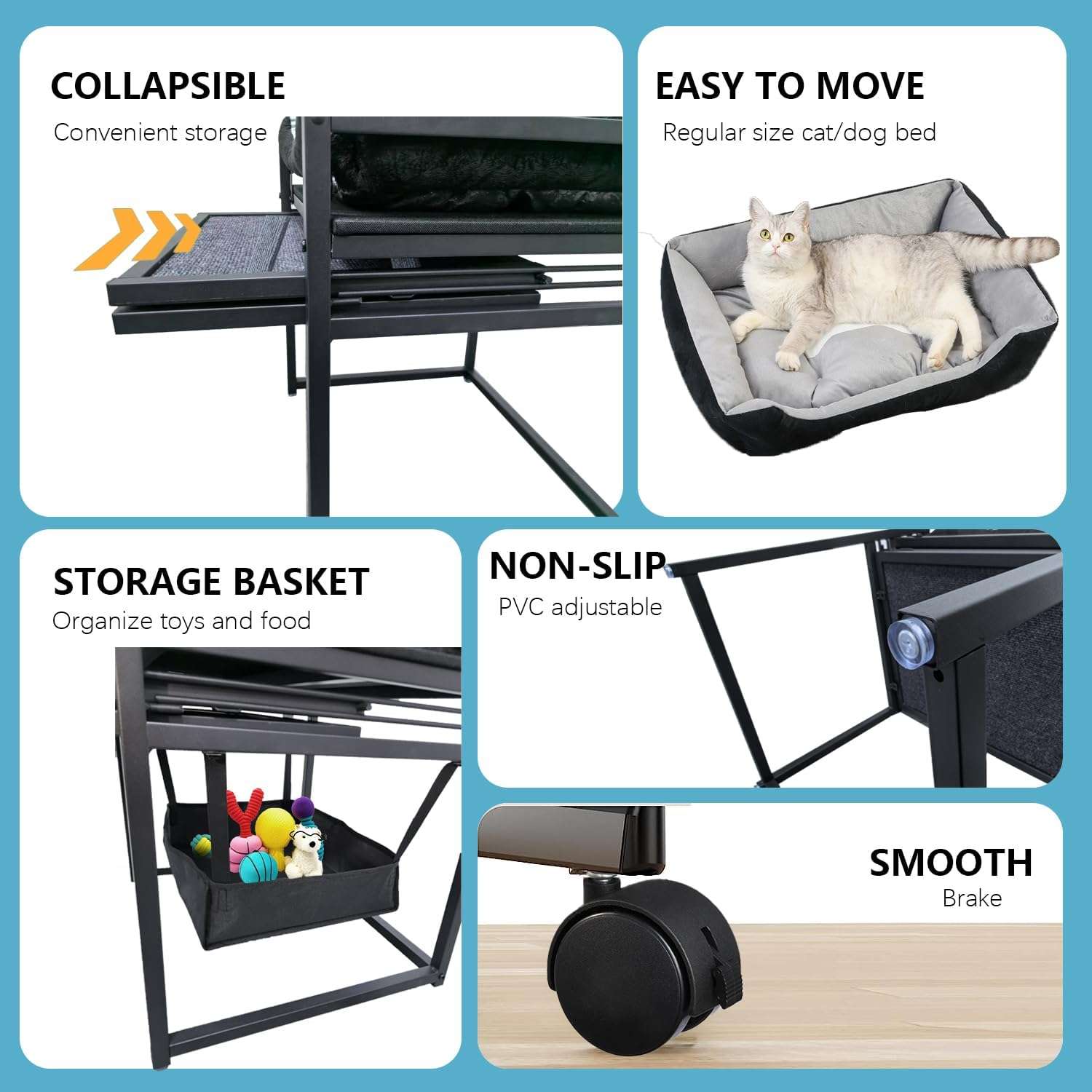 Escalera de ascenso para mascotas 3 en 1 (nido, almacenamiento). Estructura ortopédica antideslizante y móvil con ruedas.