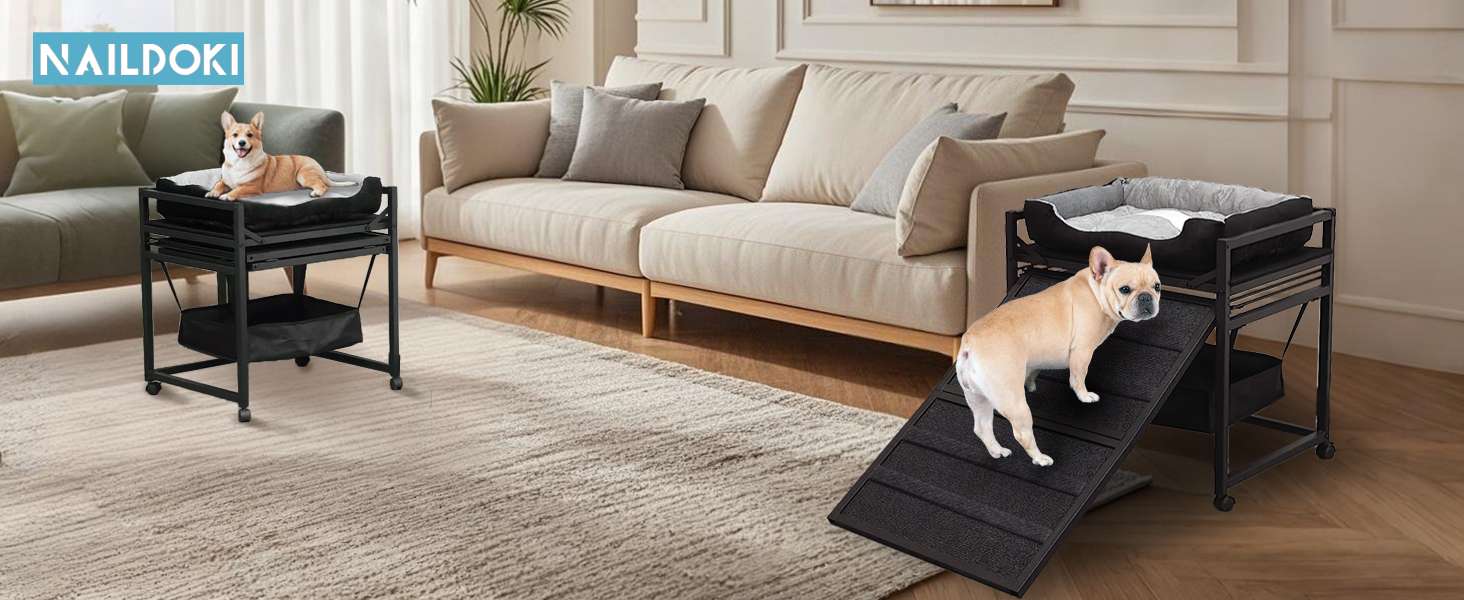 Escalera de ascenso para mascotas 3 en 1 (nido, almacenamiento). Estructura ortopédica antideslizante y móvil con ruedas.