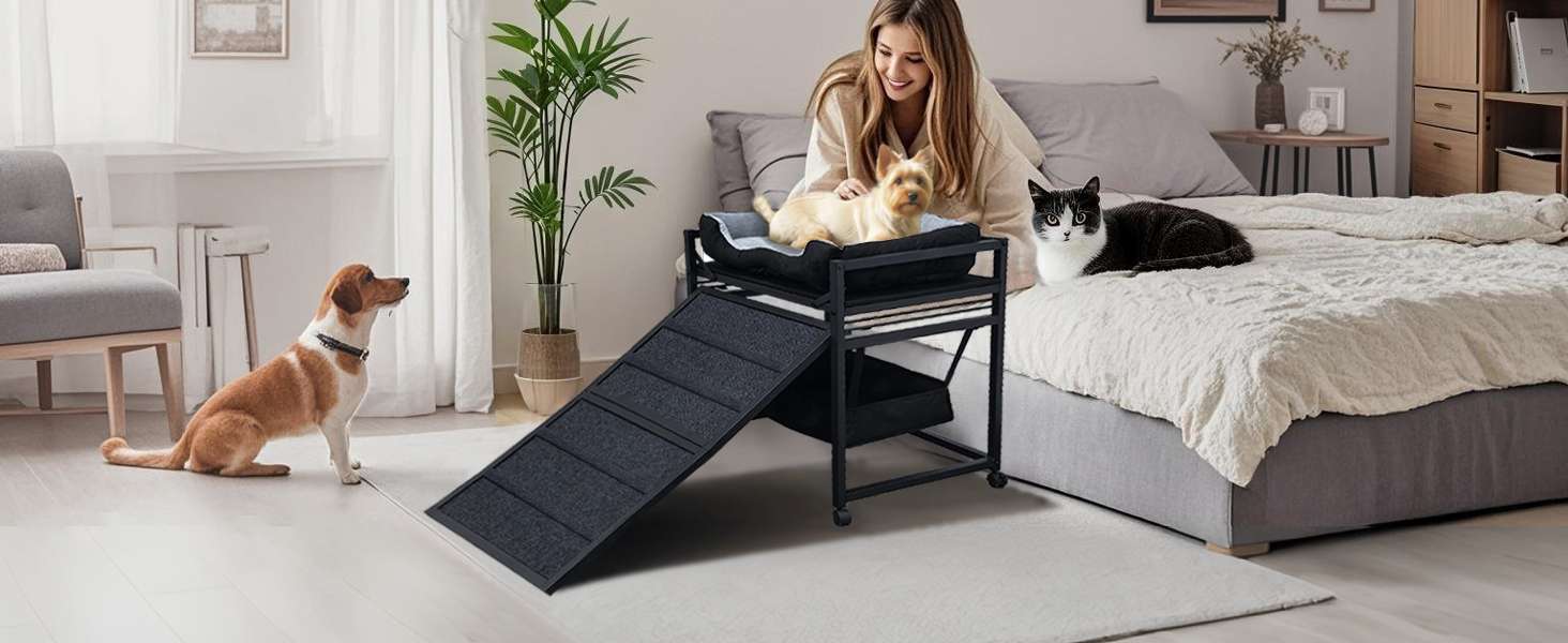 Escalera de ascenso para mascotas 3 en 1 (nido, almacenamiento). Estructura ortopédica antideslizante y móvil con ruedas.