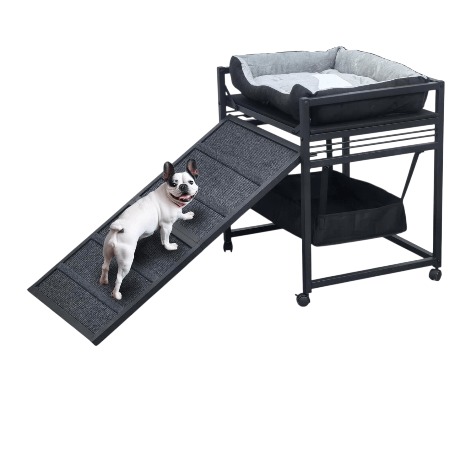 Escalera de ascenso para mascotas 3 en 1 (nido, almacenamiento). Estructura ortopédica antideslizante y móvil con ruedas.