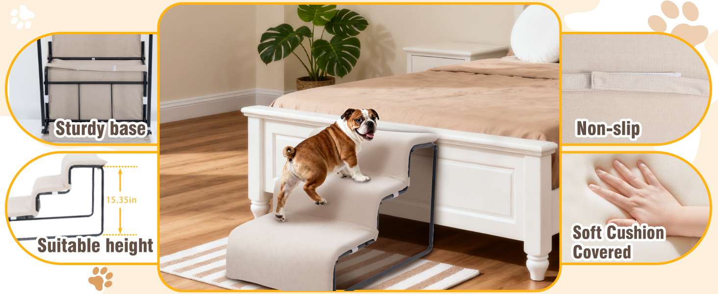 Escalera para mascotas de 3 peldaños con cama incorporada. Diseño 2 en 1 antideslizante, ideal para perros y gatos con problemas articulares.