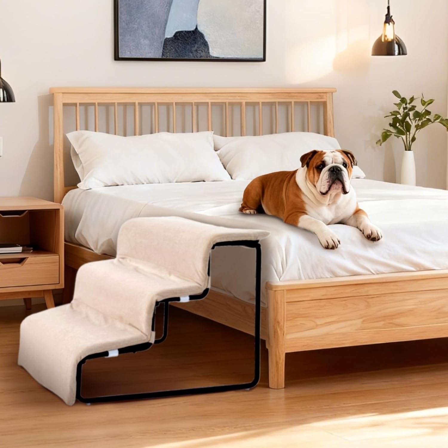 Escalera para mascotas de 3 peldaños con cama incorporada. Diseño 2 en 1 antideslizante, ideal para perros y gatos con problemas articulares.