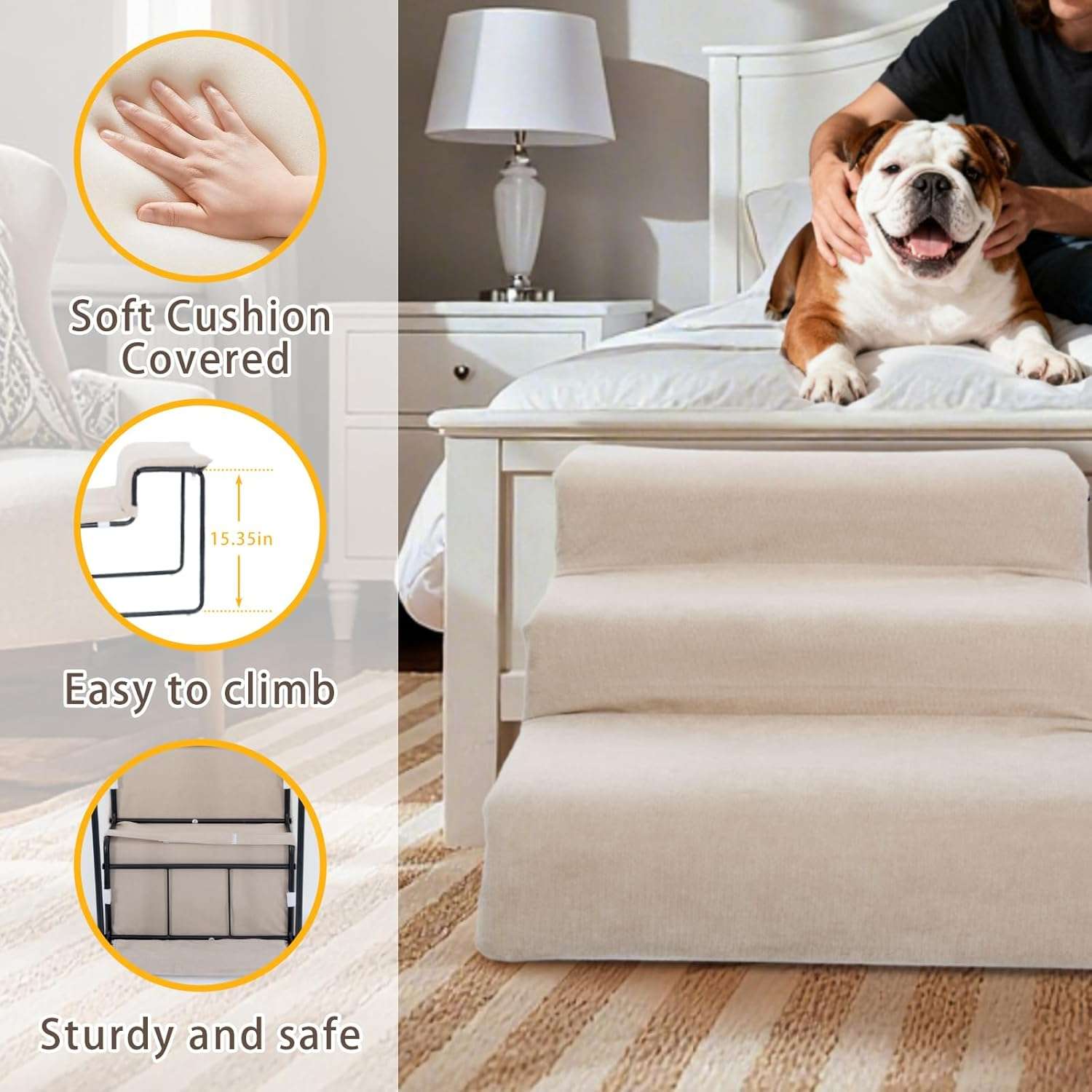 Escalera para mascotas de 3 peldaños con cama incorporada. Diseño 2 en 1 antideslizante, ideal para perros y gatos con problemas articulares.
