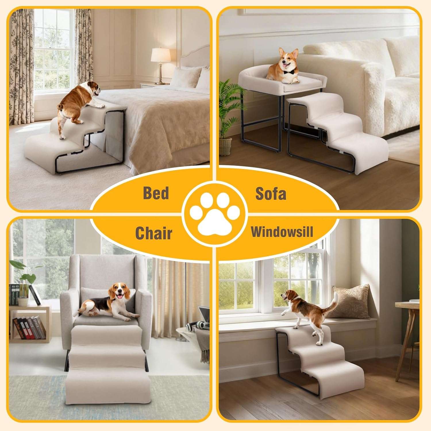 Escalera para mascotas de 3 peldaños con cama incorporada. Diseño 2 en 1 antideslizante, ideal para perros y gatos con problemas articulares.