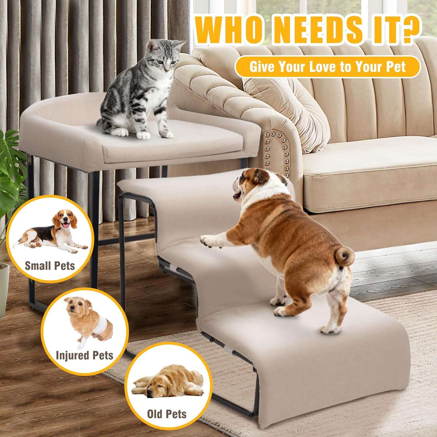 Escalera para mascotas de 3 peldaños con cama incorporada. Diseño 2 en 1 antideslizante, ideal para perros y gatos con problemas articulares.