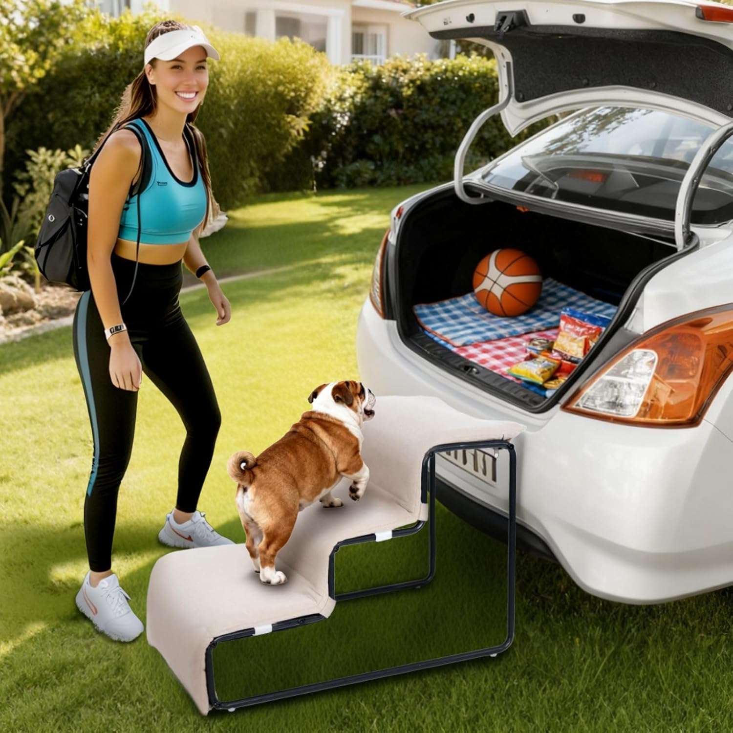 Escalera para mascotas de 3 peldaños con cama incorporada. Diseño 2 en 1 antideslizante, ideal para perros y gatos con problemas articulares.