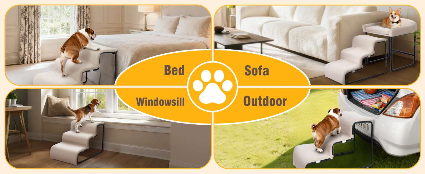 Escalera para mascotas de 3 peldaños con cama incorporada. Diseño 2 en 1 antideslizante, ideal para perros y gatos con problemas articulares.