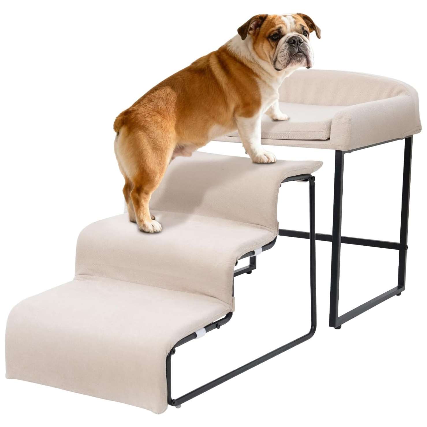 Escalera para mascotas de 3 peldaños con cama incorporada. Diseño 2 en 1 antideslizante, ideal para perros y gatos con problemas articulares.