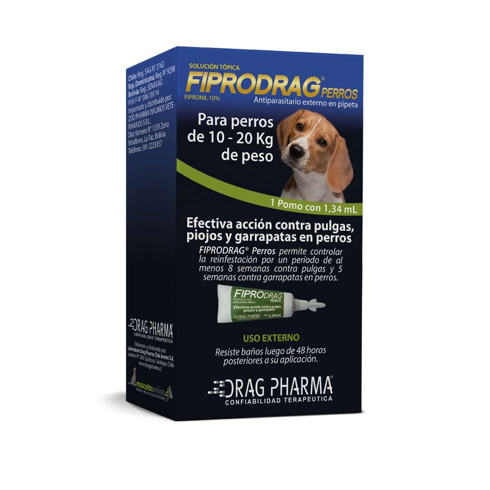 Pipeta Fiprodrag Perros (10-20 kg). Antiparasitario externo con Fipronil contra pulgas, garrapatas y piojos.