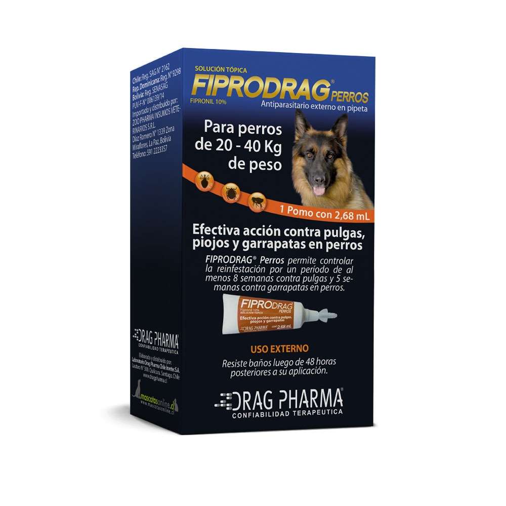 Pipeta Fiprodrag Perros (20-40 kg) de Drag Pharma. Solución con Fipronil contra pulgas, garrapatas y piojos.