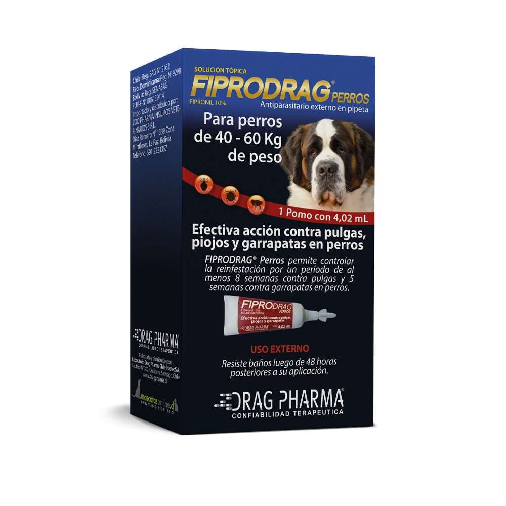 Pipeta Fiprodrag Perros (40-60 kg). Antiparasitario Fipronil contra pulgas, garrapatas y piojos. Resiste el baño.