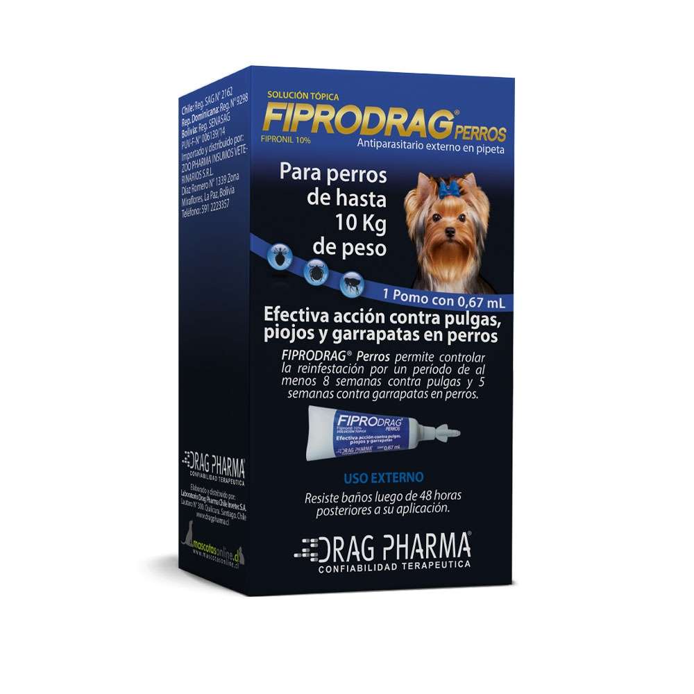 Pipeta Fiprodrag Perros hasta 10 kg. Antiparasitario externo con Fipronil contra pulgas, garrapatas y piojos.