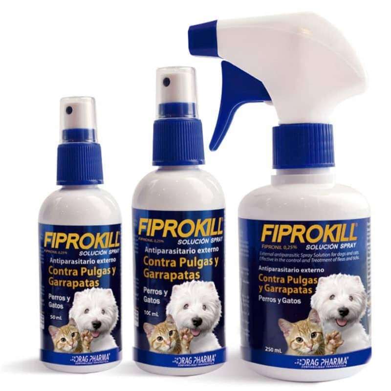 Fiprokill Solución Spray 250 ml. Antiparasitario externo contra pulgas y garrapatas. Seguro para cachorros y gatitos desde los 2 días de edad.