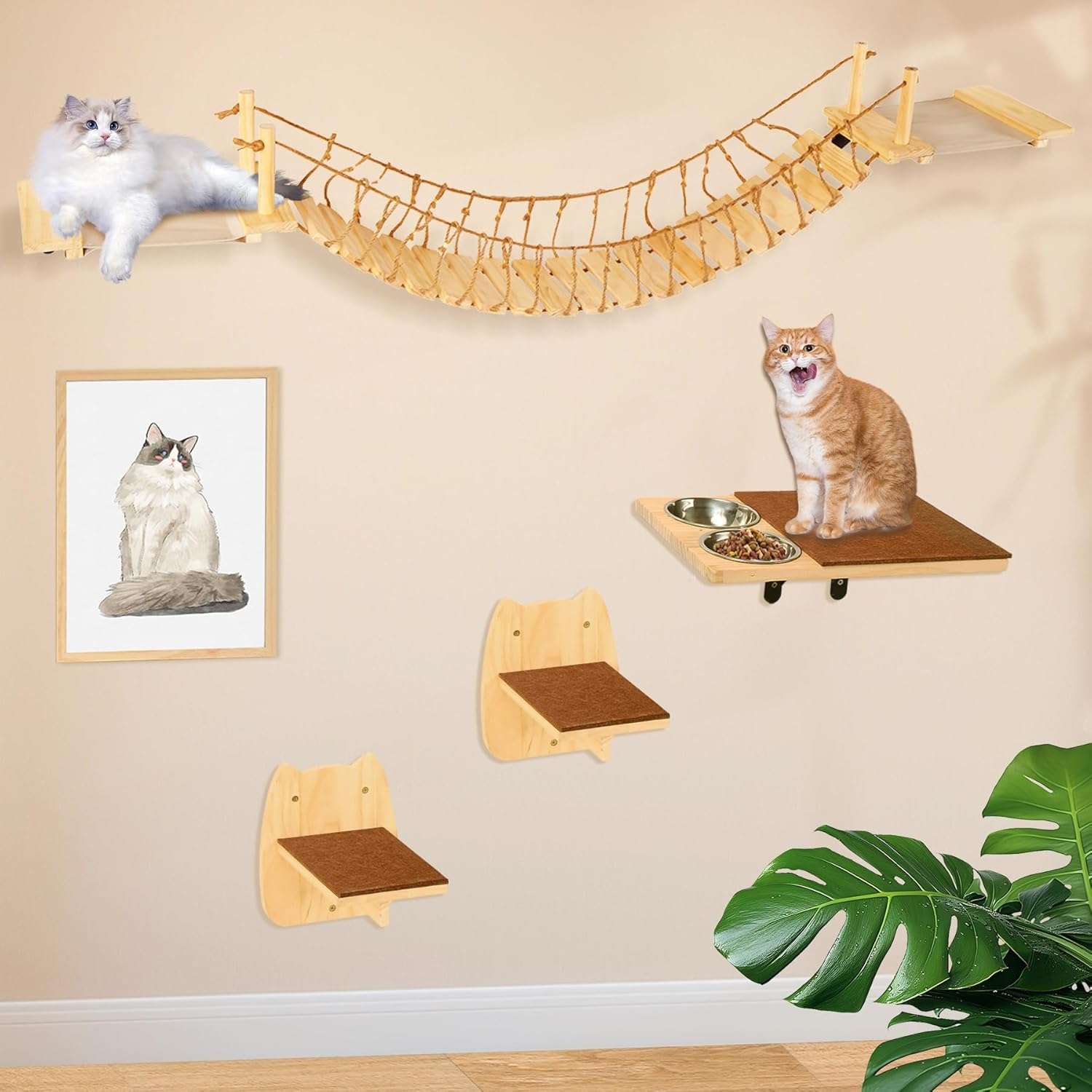 Gimnasio de pared de madera para gatos de cuatro piezas con puente largo comedero y soportes de fierro.