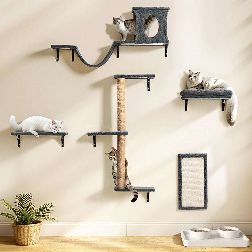 Gimnasio de pared de cinco piezas de madera solida con puente cama y rascador para gatos.
