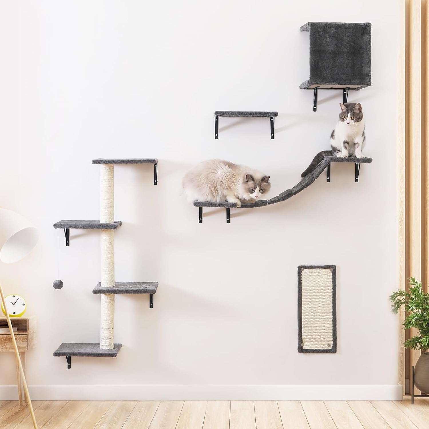Gimnasio de pared para gatos de cinco piezas con puente colgante rascador y estantes de felpa.
