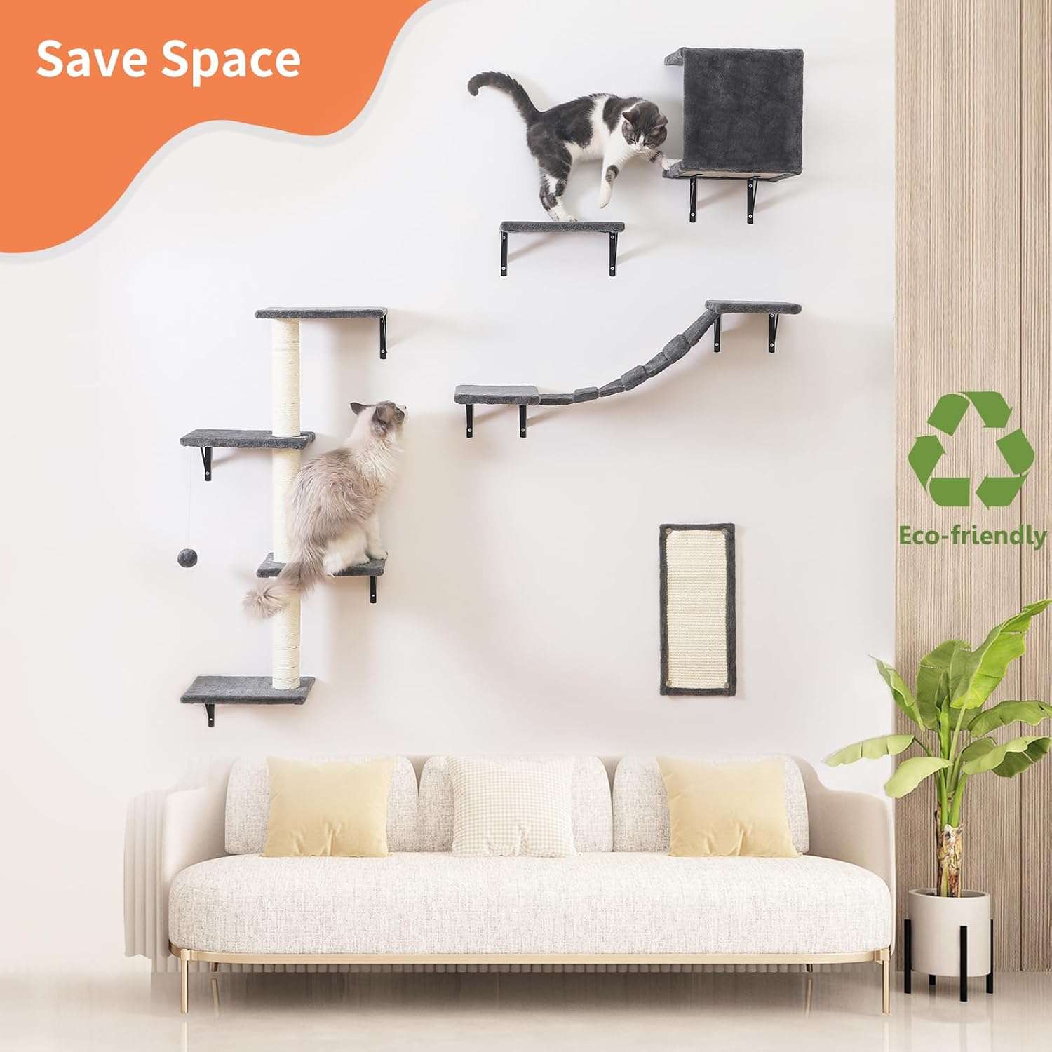 Gimnasio de pared para gatos de cinco piezas con puente colgante rascador y estantes de felpa.
