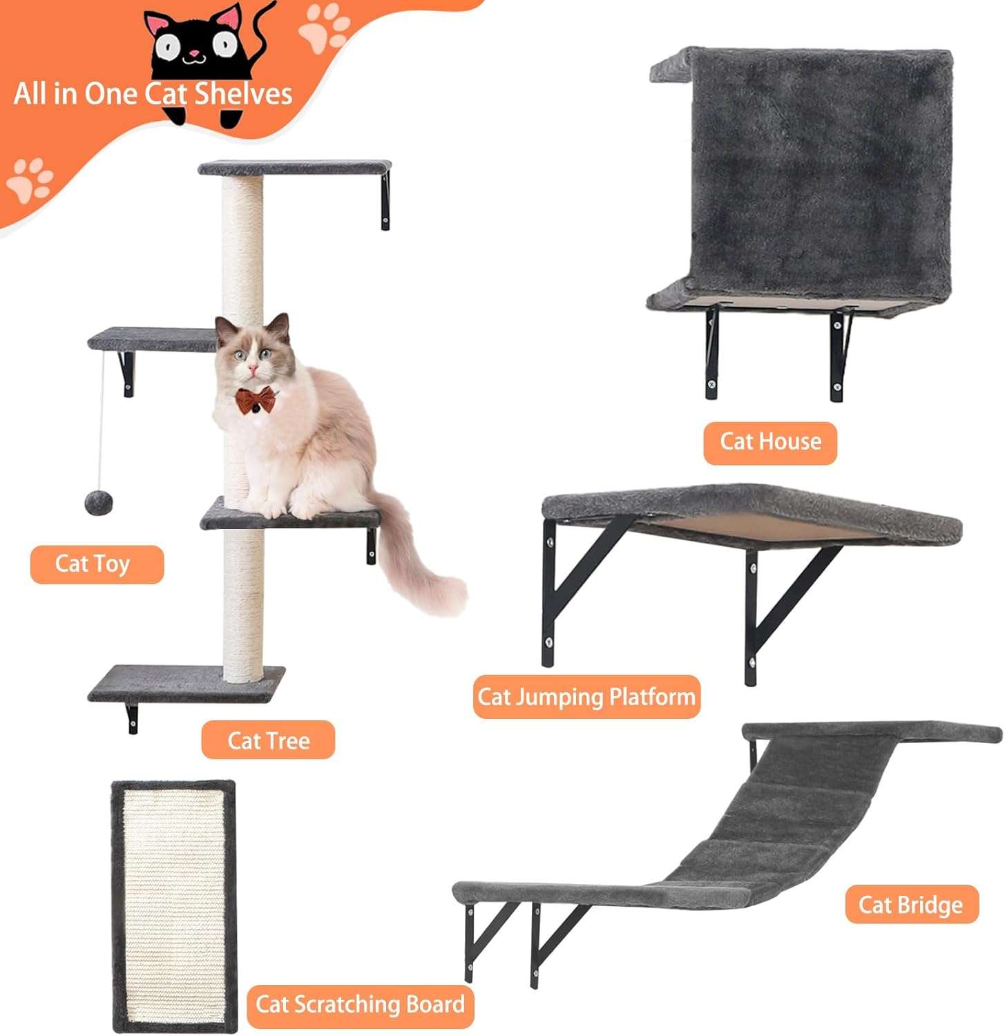 Gimnasio de pared para gatos de cinco piezas con puente colgante rascador y estantes de felpa.
