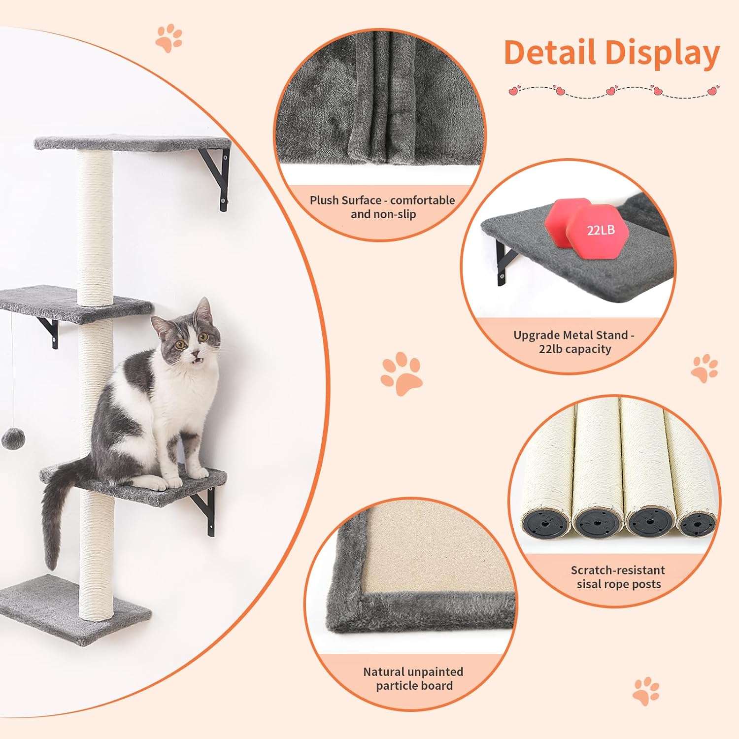 Gimnasio de pared para gatos de cinco piezas con puente colgante rascador y estantes de felpa.