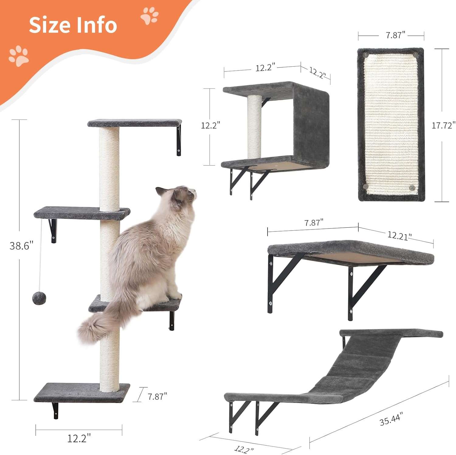 Gimnasio de pared para gatos de cinco piezas con puente colgante rascador y estantes de felpa.